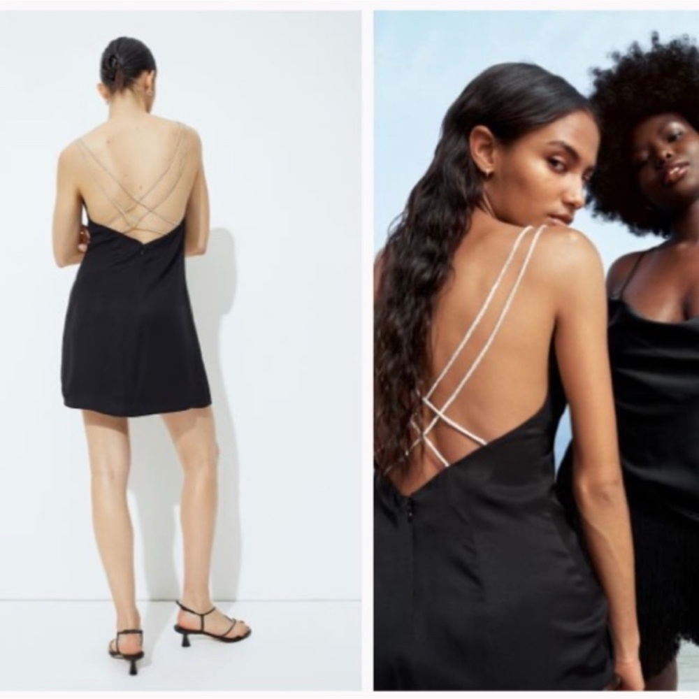 H&M Black Satin Slip Criss Cross Open Back Dress XS